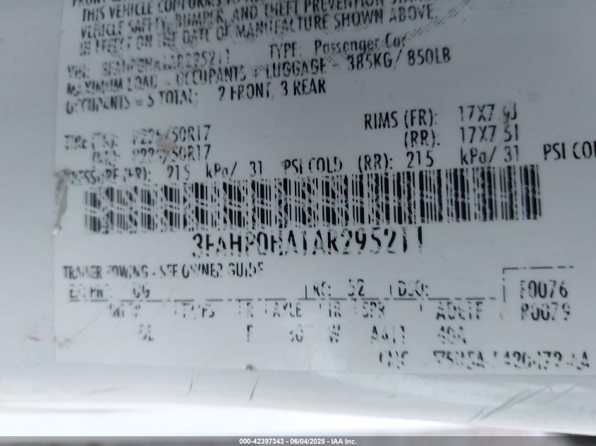 2010 Ford Fusion Se VIN: 3FAHP0HA1AR295211 Lot: 42397343