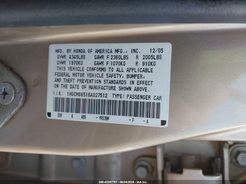 2006 Honda Accord 3.0 Ex VIN: 1HGCM66516A027512 Lot: 42397707