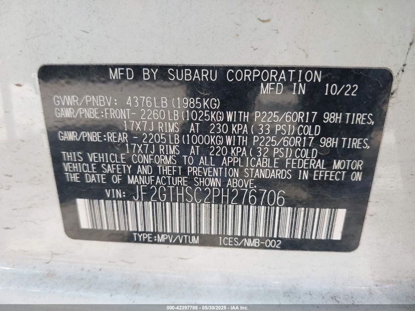 2023 Subaru Crosstrek Sport VIN: JF2GTHSC2PH276706 Lot: 42397788