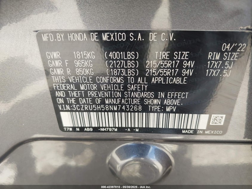 2022 HONDA HR-V 2WD EX - 3CZRU5H58NM743268