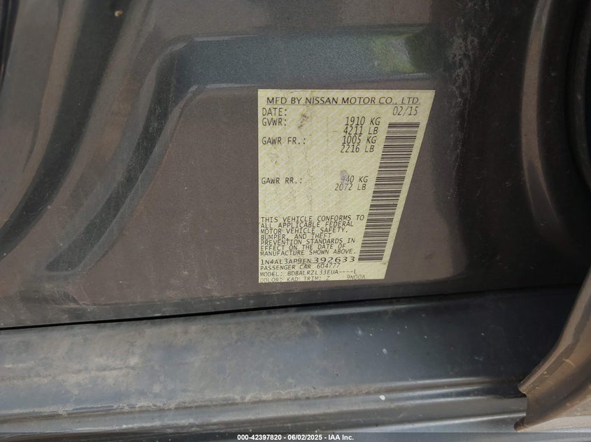 2015 NISSAN ALTIMA VIN: 1N4AL3AP9FN392633