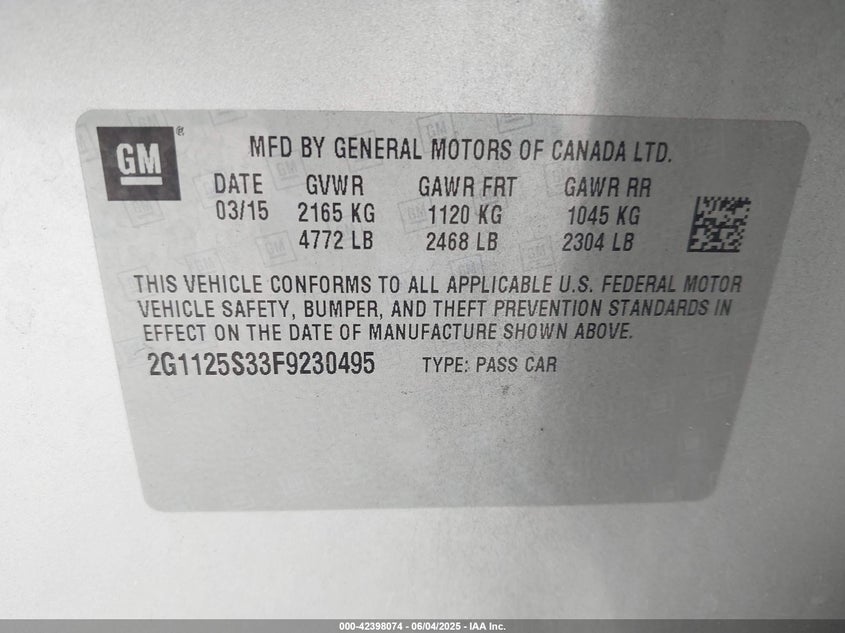 2015 CHEVROLET IMPALA VIN: 2G1125S33F9230495