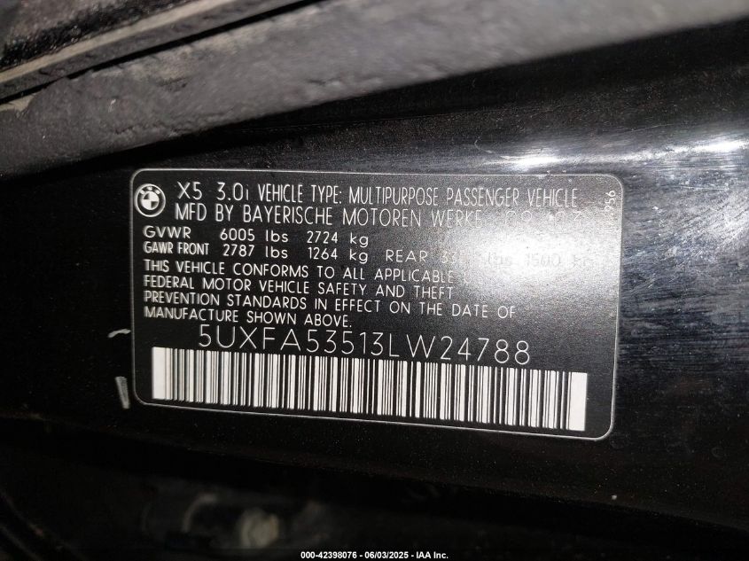 2003 BMW X5 3.0I VIN: 5UXFA53513LW24788 Lot: 42398076