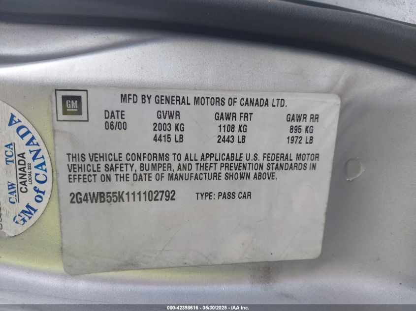 2001 Buick Regal Ls VIN: 2G4WB55K111102792 Lot: 42398616
