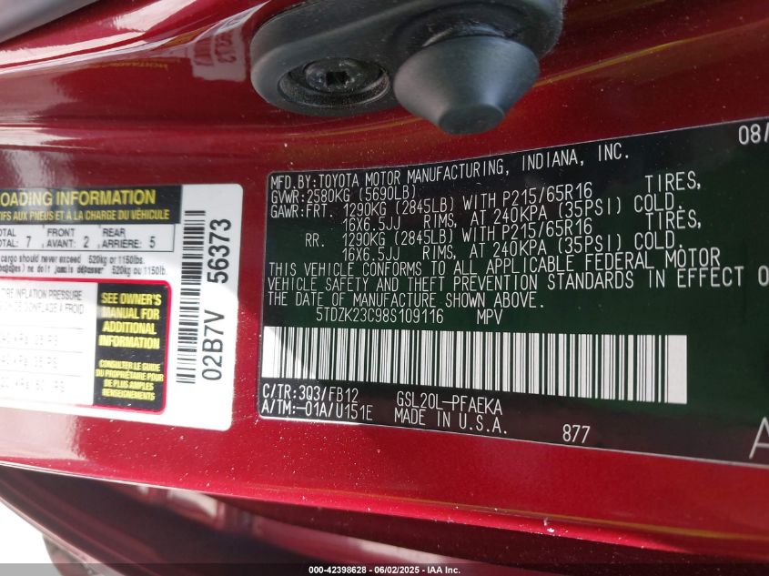 2008 Toyota Sienna Ce VIN: 5TDZK23C98S109116 Lot: 42398628