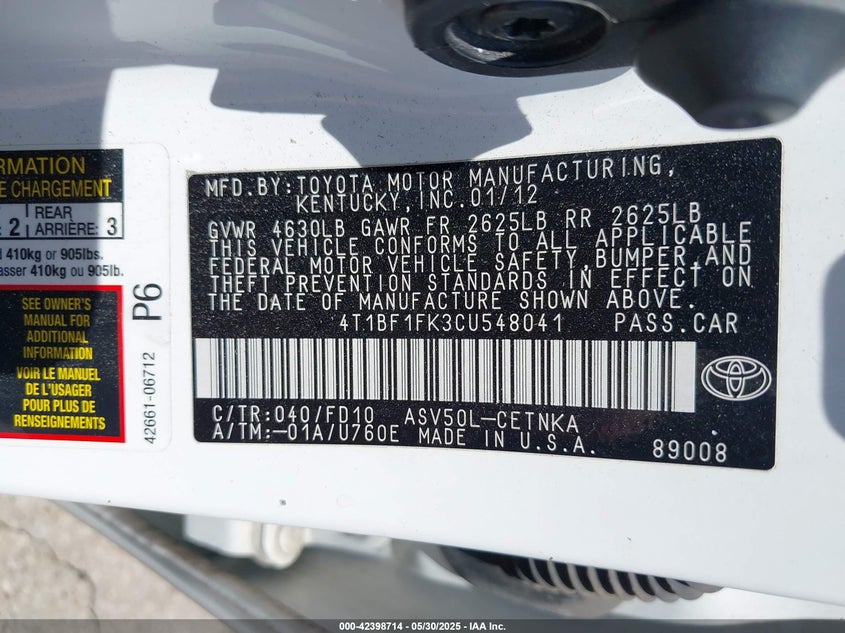 2012 Toyota Camry Le VIN: 4T1BF1FK3CU548041 Lot: 42398714