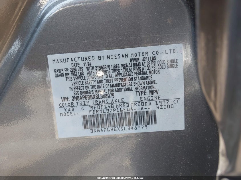 2025 Nissan Kicks S Intelligent Awd VIN: 3N8AP6BB5SL347822 Lot: 42398778