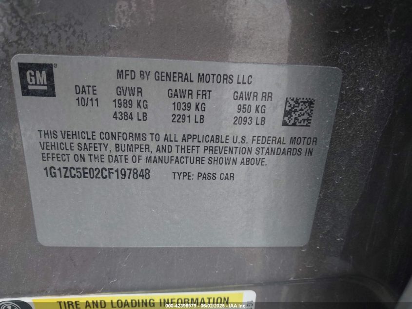 2012 Chevrolet Malibu 1Lt VIN: 1G1ZC5E02CF197848 Lot: 42398979