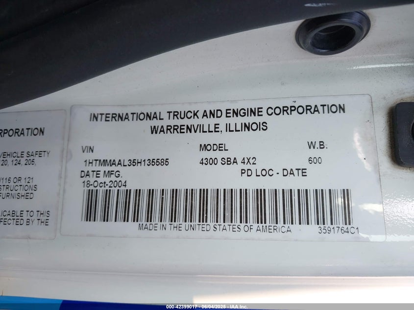 2005 International 4000 4300 VIN: 1HTMMAAL35H135585 Lot: 42399017