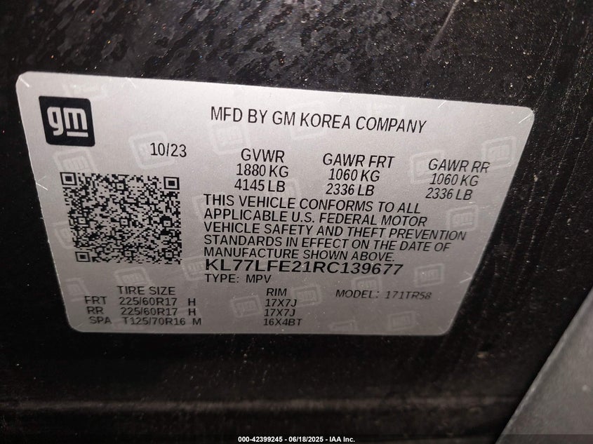 VIN KL77LFE21RC139677 2024 CHEVROLET TRAX FWD SP