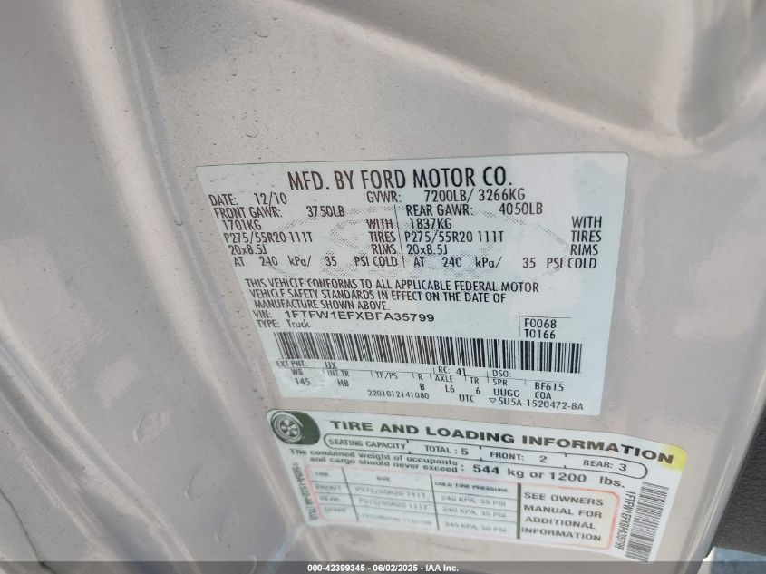 2011 Ford F-150 Lariat VIN: 1FTFW1EFXBFA35799 Lot: 42399345