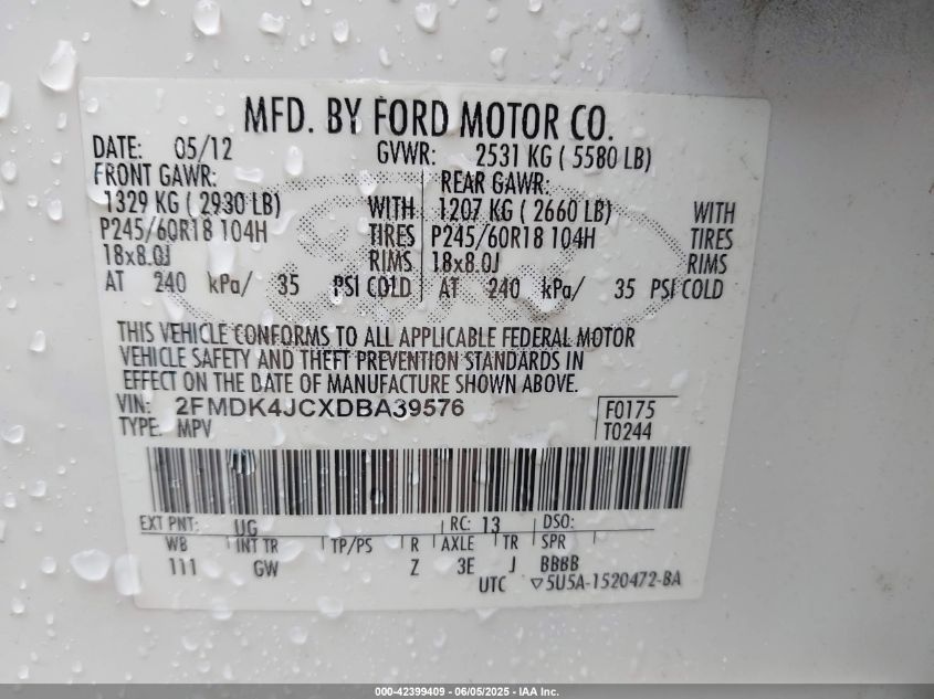 2013 Ford Edge Sel VIN: 2FMDK4JCXDBA39576 Lot: 42399409