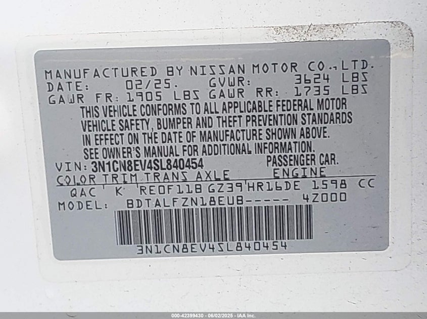 2025 NISSAN VERSA VIN: 3N1CN8EV4SL840454