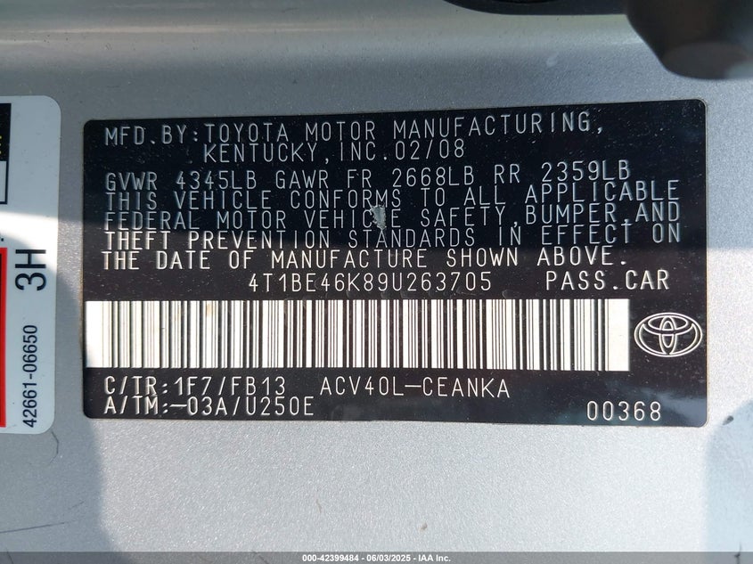 2009 TOYOTA CAMRY VIN: 4T1BE46K89U263705