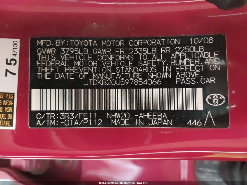 2009 TOYOTA PRIUS VIN: JTDKB20U597854066