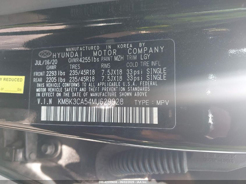 2021 Hyundai Kona Limited VIN: KM8K3CA54MU629928 Lot: 42399656