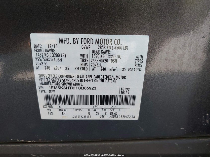 2017 FORD EXPLORER VIN: 1FM5K8HT0HGB85923