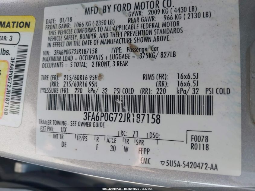 2018 Ford Fusion S VIN: 3FA6P0G72JR187158 Lot: 42399746