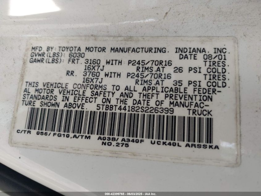 2002 Toyota Tundra Sr5 V8 VIN: 5TBBT44182F226399 Lot: 42399765