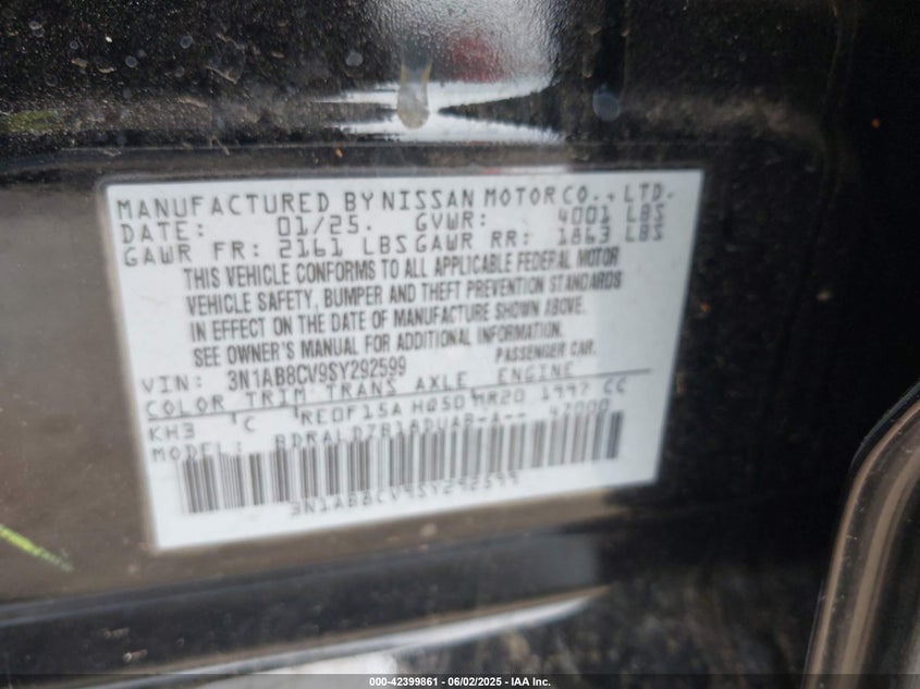 2025 NISSAN SENTRA VIN: 3N1AB8CV9SY292599