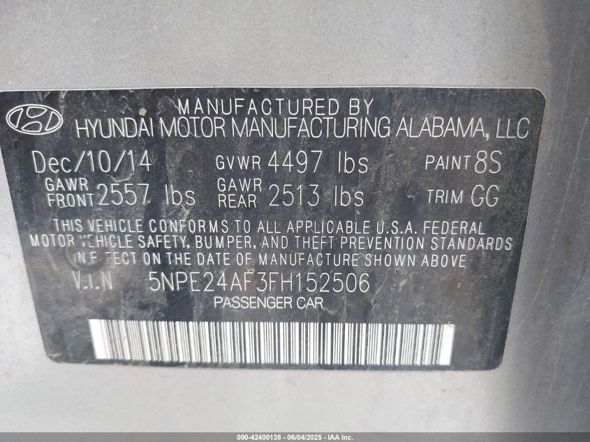 2015 Hyundai Sonata Se VIN: 5NPE24AF3FH152506 Lot: 42400138