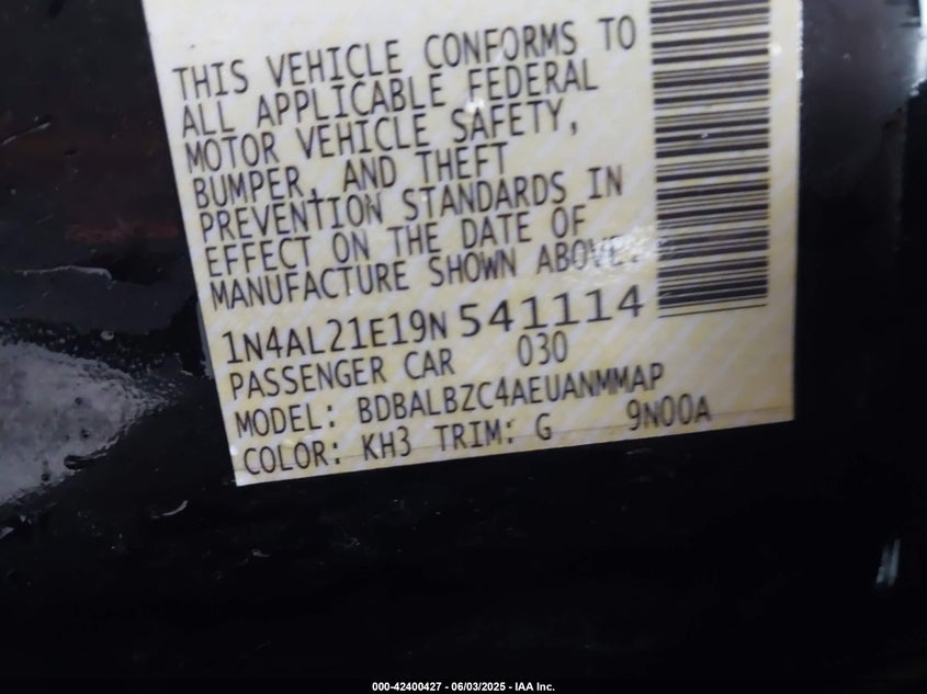 2009 NISSAN ALTIMA VIN: 1N4AL21E19N541114