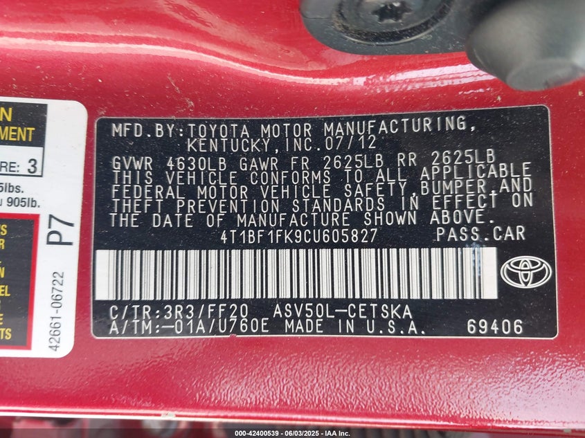 2012 TOYOTA CAMRY VIN: 4T1BF1FK9CU605827