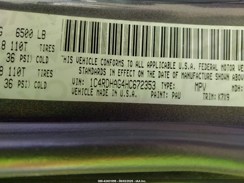 2017 Dodge Durango Sxt VIN: 1C4RDHAGAHC672353 Lot: 42401098