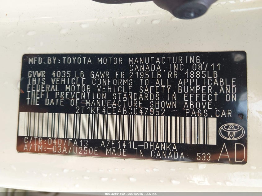 2011 TOYOTA MATRIX VIN: 2T1KE4EE4BC047952