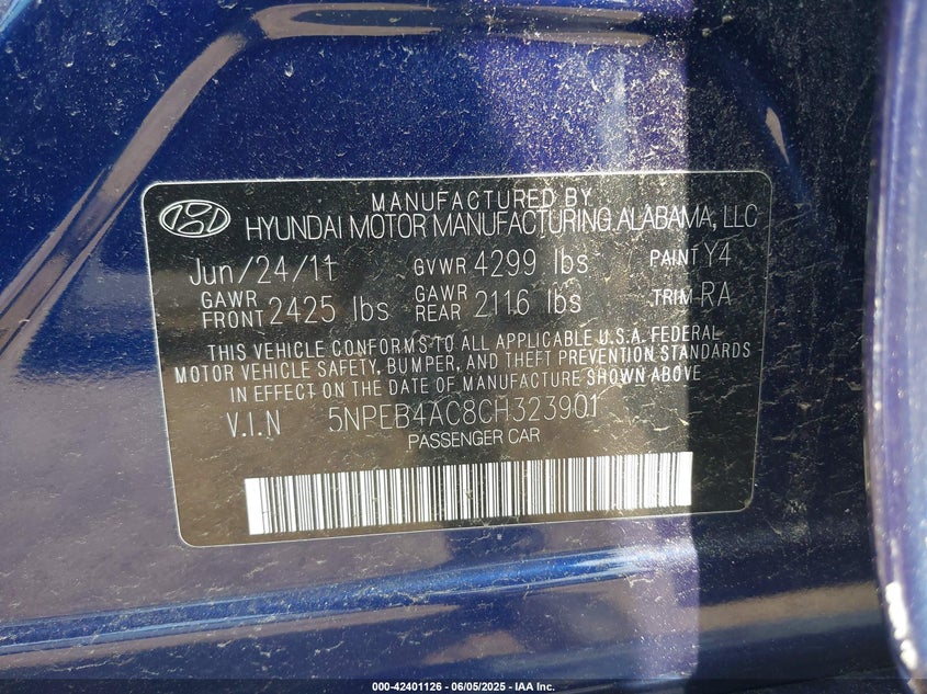 2012 HYUNDAI SONATA VIN: 5NPEB4AC8CH323901