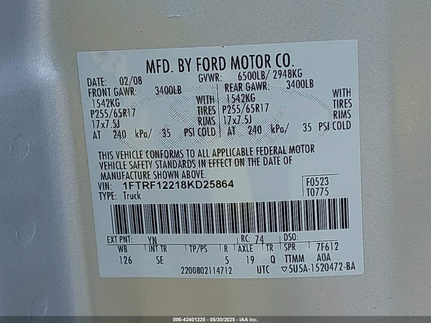 2008 FORD F-150 VIN: 1FTRF12218KD25864