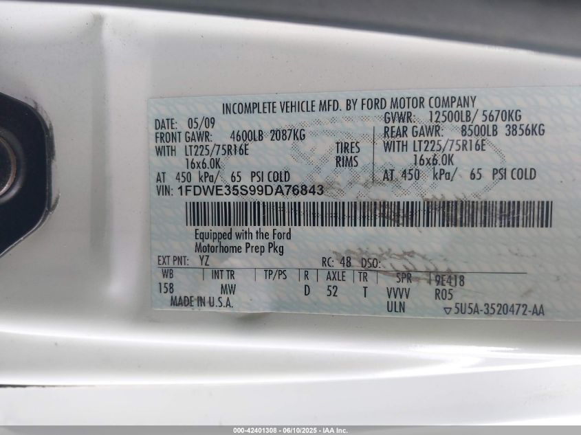 2009 Ford E-350 Cutaway VIN: 1FDWE35S99DA76843 Lot: 42401308
