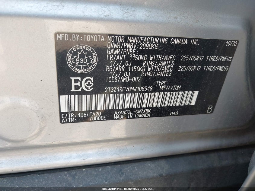 2021 TOYOTA RAV4 LE - 2T3Z1RFV0MW108518