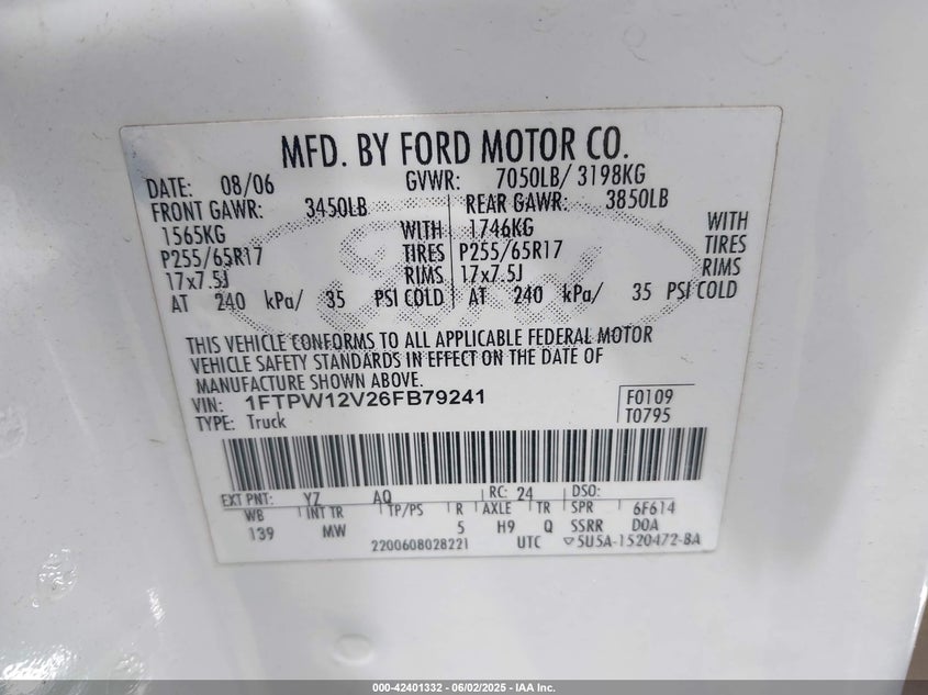2006 FORD F150 VIN: 1FTPW12V26FB79241