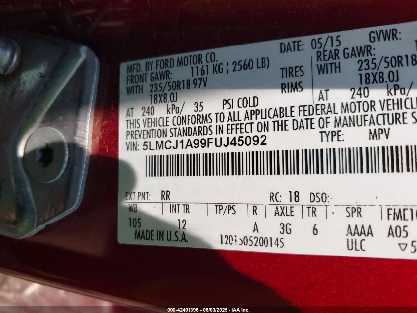 2015 Lincoln Mkc VIN: 5LMCJ1A99FUJ45092 Lot: 42401396