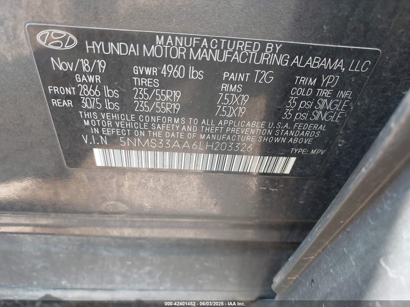 2020 HYUNDAI SANTA FE SEL 2.0T - 5NMS33AA6LH203326