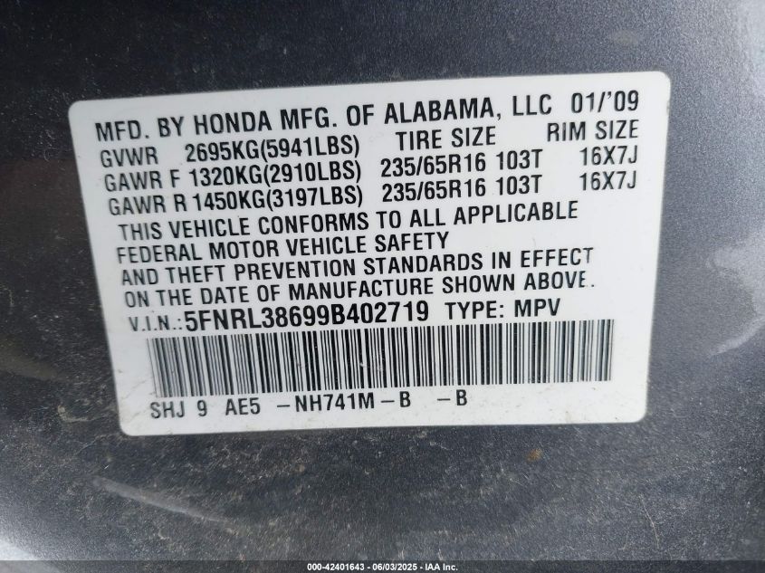 2009 Honda Odyssey Ex-L VIN: 5FNRL38699B402719 Lot: 42401643