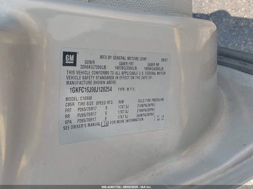 2008 GMC Yukon Xl 1500 Slt VIN: 1GKFC16J98J128254 Lot: 42401754