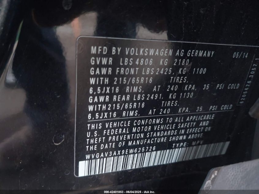 2014 Volkswagen Tiguan S VIN: WVGAV3AX9EW625726 Lot: 42401853