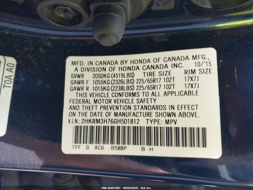 2016 HONDA CR-V EX-L - 2HKRM3H76GH501812