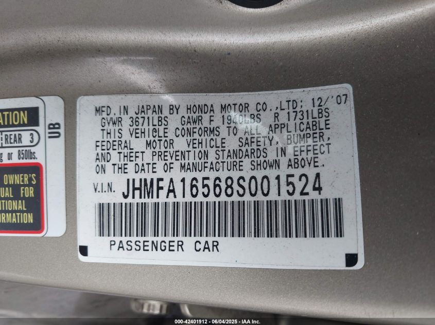 2008 Honda Civic Lx VIN: JHMFA16568S001524 Lot: 42401912