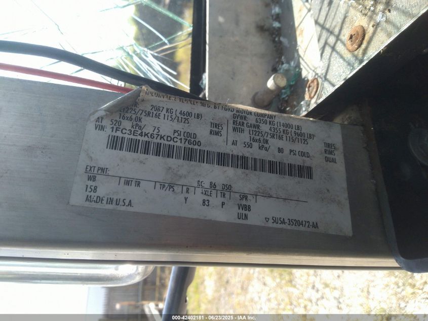 2019 Ford E-450 Stripped VIN: 1FC3E4K67KDC17600 Lot: 42402181