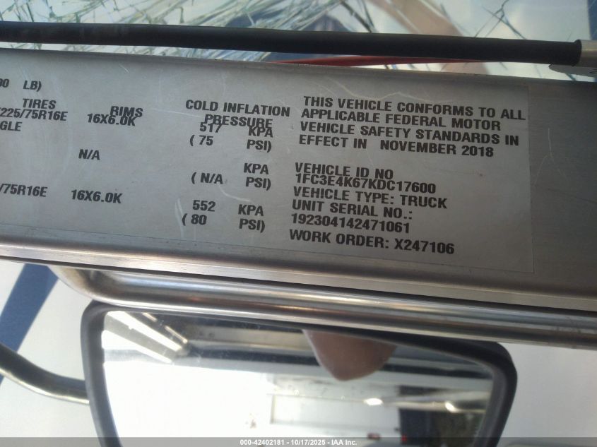 2019 Ford E-450 Stripped VIN: 1FC3E4K67KDC17600 Lot: 42402181