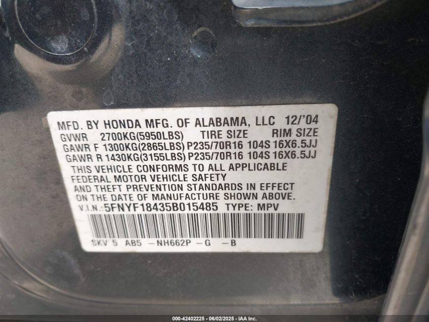 2005 Honda Pilot Ex VIN: 5FNYF18435B015485 Lot: 42402225