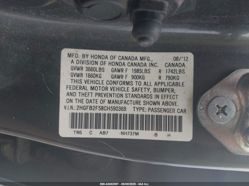 2012 HONDA CIVIC VIN: 2HGFB2F58CH590369