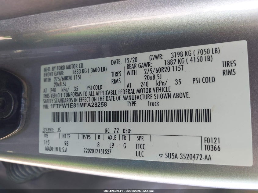 2021 FORD F-150 PLATINUM - 1FTFW1E81MFA28258