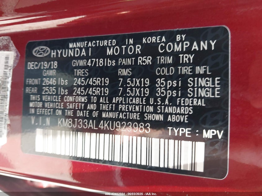 2019 HYUNDAI TUCSON NIGHT - KM8J33AL4KU923983