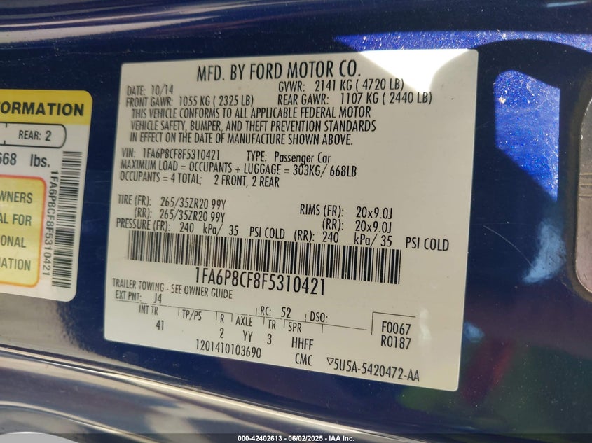 2015 FORD MUSTANG GT PREMIUM - 1FA6P8CF8F5310421