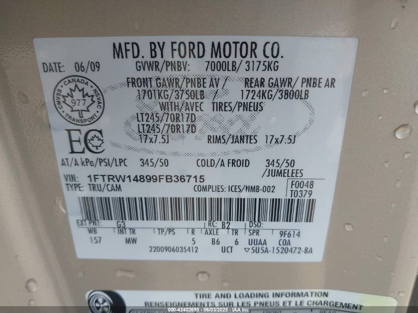 2009 Ford F-150 Xlt VIN: 1FTRW14899FB36715 Lot: 42402695