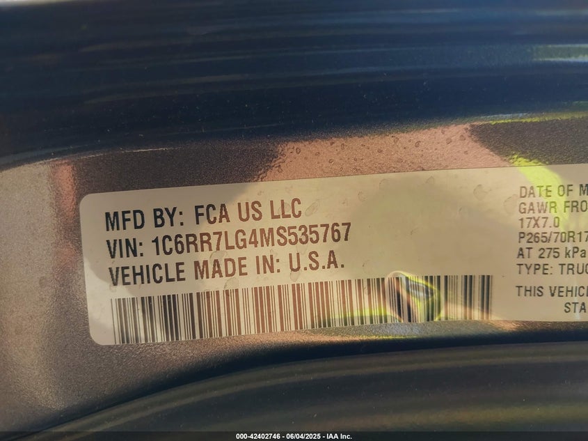 2021 RAM 1500 CLASSIC VIN: 1C6RR7LG4MS535767
